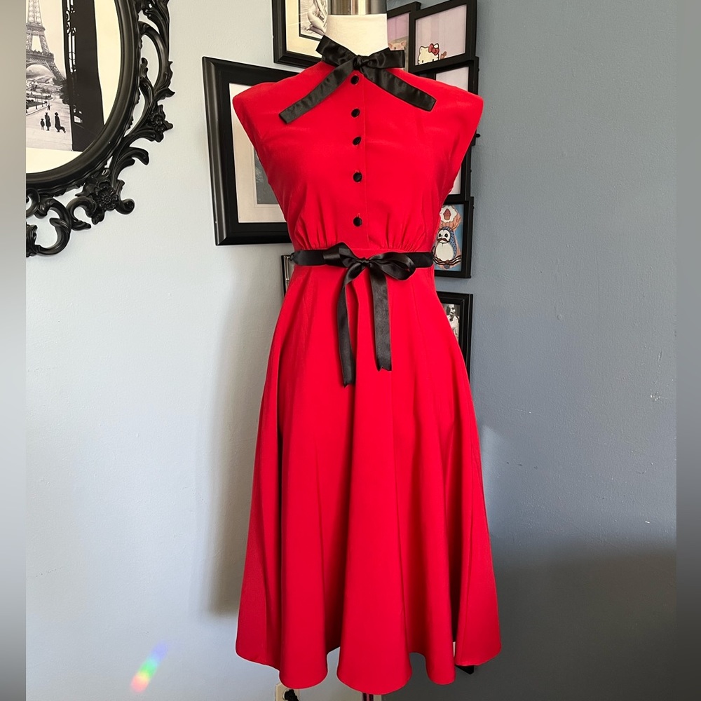Stop Staring Red Fit-and-Flare Dress with Black Ribbon Trim